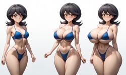 ai_generated bikini black_hair blue_bikini breast_expansion brown_eyes highleg_bikini hourglass_figure huge_breasts mindy_(yu-gi-oh!) momoe_hamaguchi simple_background skindentation thick_thighs very_wide_hips wide_hips yu-gi-oh!_gx zakvar