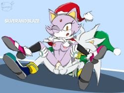 aoao1neon_(artist) blaze_the_cat blush blush christmas_headwear christmas_outfit color cum cum_inside ejaculation female/male legs_apart male/female one_eye_closed penetration penis pixelated_penis sex shoes shoes_on silver_the_hedgehog socks_and_shoes sonic_(series) sonic_the_hedgehog_(series)