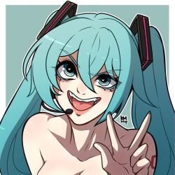 1girls blue_eyes blue_hair female female_only hatsune_miku heart-shaped_pupils hi_res kinkymation long_hair looking_at_viewer nude open_mouth portrait smiling smiling_at_viewer solo twintails v_sign vocaloid