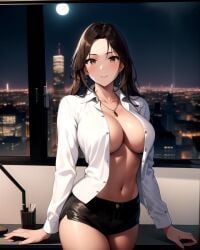 1girls ai_generated ai_mirror belly_button big_breasts black_miniskirt blush braless brown_eyes brown_hair desk earrings hands_on_desk looking_at_viewer medium_hair miniskirt necklace office office_lady open_shirt shirt standing white_shirt white_skin window