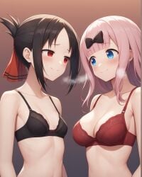 2girls ai_generated black_bra black_hair blue_eyes blunt_bangs blush bow bra breasts cleavage collarbone fujiwara_chika gradient_background hair_ribbon hairbow heavy_breathing kaguya-sama_wa_kokurasetai_~tensai-tachi_no_renai_zunousen~ large_breasts lingerie lingerie_only looking_at_another notreallyhere parted_bangs perky_breasts pink_hair red_bra red_eyes shinomiya_kaguya small_breasts smile underwear underwear_only upper_body