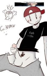 about_to_burst about_to_cum black_shirt blush clothed clothing commission commission_art doodle fish gri3fl0v3r hairy_arms happy_trail jerking jerkingoff masturbating masturbation pubes pubic_hair red_cap red_hat roblox_avatar robloxian