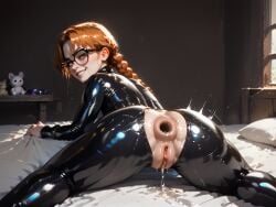 after_sex ai_generated ass ass_focus bodysuit braided_hair gaping gaping_anus glasses latex latex_bodysuit pussy red_hair smiling teenage_girl wanton_excess