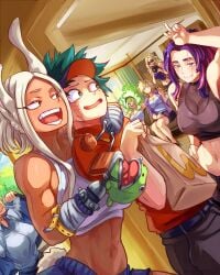 1boy 6girls amputee blonde_hair boku_no_hero_academia burn_scar burnin_(my_hero_academia) camera crop_top dark-skinned_female delivery_boy female food_delivery green_hair harem implied_gangbang inminent_gangbang izuku_midoriya kaina_tsutsumi lady_nagant male milf miruko mitsuki_bakugou moe_kamiji mount_lady multiple_girls muscular_female my_hero_academia older_female prosthetic purple_hair rumi_usagiyama ryuukyuu scars smoking straight tank_top tatsuma_ryuuko vlizz white_hair yuu_takeyama