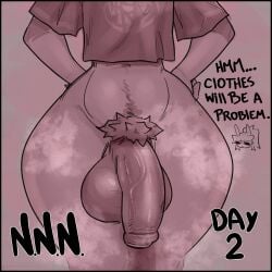 1:1 anthro balls big_balls big_penis black_border border clothed clothing crop_top femboy fluffy_pubes foreskin genitals goo_creature hi_res hybrid hyper lagomorph leporid male mammal meme monochrome musk musk_clouds no_nut_november no_underwear penis pubes rabbit shirt small_waist standing text thick_thighs topwear toxy toxy_squishy wide_hips