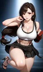 1girls ai_generated brown_hair chloenette69 earring eyelashes eyeliner eyeshadow final_fantasy final_fantasy_vii final_fantasy_vii_remake gloves large_ass large_breasts long_hair red_eyes skirt solo_female stiletto_heels tank_top thick_thighs tifa_lockhart