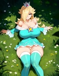 1girls ai_generated big_breasts blonde_hair blue_eyes breasts female female_focus huge_breasts large_breasts light-skinned_female mature_female princess_rosalina thick_thighs thighs