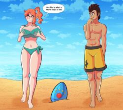 beach big_breasts bikini body_swap body_switch bodyswap egg genderswap_(mtf) happy male/female pokemon pokemon_sm red_hair sonia_(pokemon) touching_breast