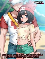 1boy 1girl absurd_res artist_name beanie belmont black_hair closed_mouth collarbone commentary creatures_(company) day english_text eyelashes female game_freak green_shorts grey_eyes hand_on_another's_hip hat highres looking_at_viewer navel nintendo outdoors pokemon pokemon_sm red_(pokemon) red_hat sand selene_(pokemon) shirt shore short_hair short_sleeves shorts tied_shirt tree water yellow_shirt