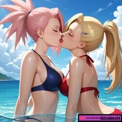 1:1 2girls ai_generated blonde_hair blush breasts choker female female_only headband headwear ino_yamanaka kissing lesbian_kiss long_hair medium_breasts multiple_girls naruto naruto_(series) naruto_shippuden ocean outdoors outside pale-skinned_female pale_skin partially_submerged pink_hair pink_nipples ponytail sakura_haruno shiny_skin short_hair sunset tongue tongue_kiss tongue_out water yuri