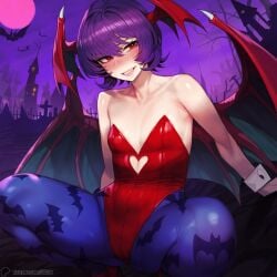 1-a_dot 1girls ai_generated bat_print bat_wings blush darkstalkers demon_girl demon_wings female flat_chest halloween head_wings leotard lilith_aensland pantyhose purple_hair red_eyes small_breasts smile solo succubus