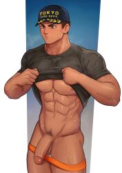 1boy abs absurdres bara bare_pectorals black_hair black_shirt closed_mouth clothes_lift erection gay gay_male highres large_pectorals male_focus male_only male_pubic_hair male_underwear male_underwear_pull mikicat muscular muscular_male navel nipples orange_male_underwear original pectorals penis pubic_hair shirt shirt_lift short_hair solo testicles underwear