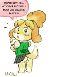 2013 animal_crossing anthro ass blush canine clothed clothing dialogue embarrassed english_text female fur furry furry_only hair isabelle_(animal_crossing) j_hughes looking_at_viewer looking_back mammal nintendo no_panties open_mouth pussy shih_tzu skirt skirt_caught_on_tail solo standing tail text upskirt video_games wardrobe_malfunction yellow_fur