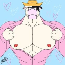 bara bara_furry bara_tiddies bara_tits bara_titties big_breasts big_pecs big_pectorals bovine cleavage cowboy_hat ear_tag gioartz giovannibardawulf giovannidrawing heart heart_background joe_(giovannibardawulf) male_cleavage male_focus open_shirt opening_shirt pec_cleavage pecs pectorals pink_shirt presenting_breasts presenting_pecs presenting_pectorals spots spotted_body spotted_fur unbuttoned_shirt