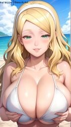 1girls ai_generated big_breasts blonde_hair blush carol_olston dans_ai female green_eyes half-closed_eyes huge_breasts large_breasts smile tomo-chan_wa_onna_no_ko