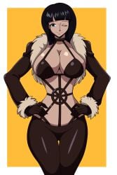 ass bangs black_hair blue_eyes bra breasts cosplay female female_only fur_coat fur_trim gloves iggy-bomb lingerie miss_doublefinger nico_robin one_piece pre-timeskip pussy revealing_clothes short_hair sideboob tagme tanned_skin tight_clothing wink