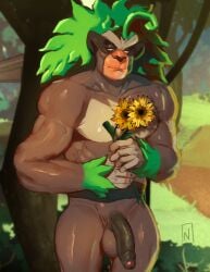 anthro balls biceps digital_media_(artwork) flower foreskin fur generation_8_pokemon genitals hair half-closed_eyes half-erect hi_res holding_object holding_sunflower humanoid_genitalia humanoid_penis looking_at_viewer male mammal muscular muscular_anthro muscular_male narrowed_eyes nevets nintendo nude outdoor_nudity outside partially_retracted_foreskin pecs penis plant pokemon pokemon_(species) primate rillaboom solo standing sunflower tree