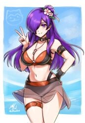 1girls big_breasts bikini black_bikini breasts choker cleavage fire_emblem fire_emblem:_three_houses fire_emblem_engage fire_emblem_heroes fire_emblem_warriors:_three_hopes flower hair_flower hair_ornament hair_over_one_eye halterneck hand_on_own_hip highres large_breasts looking_at_viewer navel nintendo purple_eyes purple_hair rotomdocs see-through_clothes see-through_skirt shez_(female)_(fire_emblem) shez_(female)_(summer)_(fire_emblem) shez_(fire_emblem) skirt smile solo sommie_(fire_emblem) swimsuit thigh_strap v