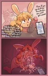 1girls 2boys big_penis blowjob blush bunny_ears comic crazy_eyes cum cum_in_hair cum_in_mouth cum_in_throat cum_on_body cum_on_face cum_on_hand cum_on_lower_body excessive_cum furry gay gay_denial long_ears mind_break phone rabbit sleeping small_penis timer twintails