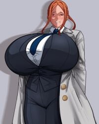 1female 1girls artist_request big_breasts breasts female female_focus female_only huge_breasts large_breasts large_tits massive_breasts massive_tits omuko red_hair smile suit_and_tie tagme