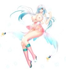 absurdres aqua_hair boots breasts butterfly dress female gradient gradient_hair hair_over_one_eye highres large_breasts long_hair looking_at_viewer nipples no_panties open_mouth orange_eyes original see-through smile solo topless two_tone_hair white_hair xuahannin