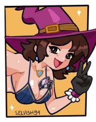 big_breasts blizzard_entertainment brown_eyes brown_hair gloves kiriko_(overwatch) kiriko_kamori looking_at_viewer overwatch overwatch_2 selvish94 smiling_at_viewer underwear witch witch_hat witch_kiriko