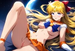 1girls :p ai_generated anilvl anklet bangs barefoot bishoujo_senshi_sailor_moon blonde_hair blue_bow blue_eyes blush bow breasts breasts_apart choker circlet cleft_of_venus clothes_lift earrings elbow_gloves gloves hairbow jewelry knee_up long_hair looking_at_viewer lying magical_girl medium_breasts microskirt miniskirt moon navel nipples no_panties on_back open_mouth orange_choker orange_sailor_collar orange_skirt planet pleated_skirt pussy red_bow sailor_collar sailor_senshi_uniform sailor_venus shiny shiny_skin skirt smile solo space spread_legs star_(sky) stomach stud_earrings thighs tiara tongue tongue_out uncensored very_long_hair white_gloves