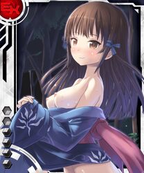 areolae blush breasts brown_eyes brown_hair female homura_yuni kise_hotaru lilith-soft long_hair nipples open_clothes pointy_chin small_breasts smile solo sweat taimanin_asagi_battle_arena taimanin_asagi_battle_arena_all_card_gallery topless