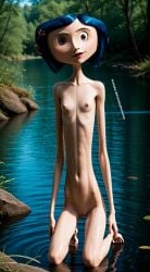 1girls ai_generated blue_hair bob_hair brown_eyes coraline coraline_jones crouched crouching crouching_female crouching_on_water elsacorinthiana exibitionism female female_nude female_nudity female_only forest high_resolution lake looking_at_viewer naked nude patreon patreon_link posing posing_for_the_viewer pussy river short_hair short_hair_female skinny skinny_female solo thin thin_body thin_breasts uhd water white_skin