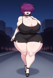 1girls aged_up ai_generated bbw black_lipstick black_nails bursting_breasts choker dress gaz_membrane hidden_eyes high_heels huge_breasts little_black_dress mature_female milf night outdoors purple_hair short_hair stable_diffusion thicc_gaz thick_thighs venus_body walking wide_hips