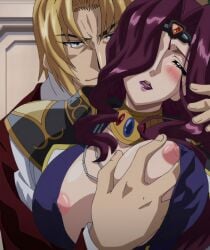 1boy absurdres blonde_hair breasts closed_eyes female grabbing_another's_breast grabbing_from_behind groping high_school_dxd highres jewelry large_breasts lipstick long_hair makeup nipples purple_hair riser_phenex screencap stitched straight tagme third-party_edit yubelluna