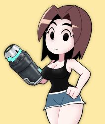 1girls arm_cannon ass bangs bare_arms bare_shoulders black_eyes black_shirt black_tank_top blue_shorts breasts brown_hair cleavage clenched_hand closed_mouth clothing dolphin_shorts empty_eyes expressionless female grey_shorts hand_on_hip hand_on_own_hip hand_up large_breasts looking_at_viewer medium_breasts medium_hair mii mii_gunner nintendo parted_bangs shirt short_hair short_shorts shorts solo standing tank_top thick_eyebrows thighs weapon