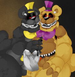 animatronic anthro balls bear bow claws cum cum_on_penis erection five_nights_at_freddy's five_nights_at_freddy's_4 frots hat headgear machine male male_only mammal nightmare_(fnaf) nightmare_fredbear_(fnaf) oil open_mouth orgasm penis robot sharp_teeth smile teeth video_games yaoi