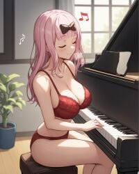 1girls ai_generated blunt_bangs blush bra breasts cleavage closed_eyes collarbone female fujiwara_chika grand_piano hairbow heavy_breathing indoors kaguya-sama_wa_kokurasetai_~tensai-tachi_no_renai_zunousen~ large_breasts lingerie long_hair musical_note notreallyhere panties piano pink_hair playing_instrument playing_piano red_bra red_panties sitting smile solo underwear underwear_only