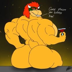 back_muscles back_view bara_furry bara_on_femboy bara_tits big_ass big_muscles big_pecs bowser dialogue furry gioartz giovannibardawulf giovannidrawing horns huge_ass huge_asscheeks mario_(series) mario_kart muscles red_hair reptile super_mario_bros. super_mario_bros._(2023_film) super_smash_bros. tail wine wine_glass