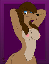 2015 anthro anthrofied breasts brown_fur canine disney female fur furry hands_behind_head ky_(malamute) looking_at_viewer mammal nipples nude oliver_and_company one_eye_closed pussy rita_(oliver_and_company) saluki smile solo wink