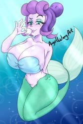 1girls angelwingart big_breasts cala_maria cuphead_(game) female green_tail huge_breasts mermaid pink_body png purple_hair solo studio_mdhr tagme tail thick_thighs underwater