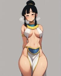 1girls ai_generated armlet black_eyes black_hair blush breasts chichi dragon_ball dragon_ball_z egyptian egyptian_clothing female hair_bun half-closed_eyes hands_behind_back heavy_breathing hips inner_sideboob jewelry looking_at_viewer mature_female milf navel notreallyhere pelvic_curtain sidelocks simple_background solo standing sweat thighs