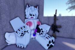 anthro arctic_fox big_breasts breasts female fox furry looking_pleasured pink_nipples pink_pussy pussy_juice pussy_juice_drip ravenuwu roblox self_upload super_animal_royale vibrator_wand