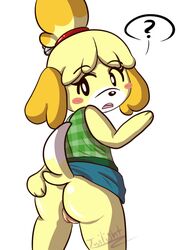 2015 animal_crossing anthro ass blush canine clothed clothing female fur hair isabelle_(animal_crossing) mammal midnight-kinky-kitsune nintendo open_mouth prettypurple pussy shih_tzu solo video_games yellow_fur