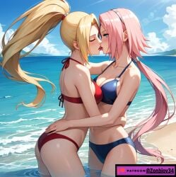 1:1 2girls ai_generated blonde_hair blush breasts choker female female_only headband headwear ino_yamanaka kissing lesbian_kiss long_hair medium_breasts multiple_girls naruto naruto_(series) naruto_shippuden ocean outdoors outside pale-skinned_female pale_skin partially_submerged pink_hair pink_nipples ponytail sakura_haruno shiny_skin short_hair sunset tongue tongue_kiss tongue_out water yuri