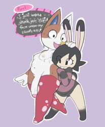 aintsmart ambiguous_gender animal_crossing breasts clothed clothing dickgirl dumbun duo english_text feline intersex lagomorph mammal nintendo nipples original original_character penis purrl_(animal_crossing) rabbit simple_background sweat text video_games