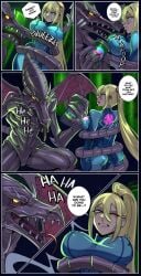 big_ass big_breasts blonde_hair body_swap body_switch bodyswap bondage comic curvy metroid metroid_(creature) ridley_(metroid) samus_aran zero_suit zero_suit_samus