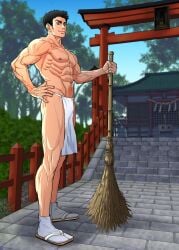 1boy abs ayukisa bara beefy big_areola black_hair blurry_background broom brown_hair collarbone fence forest fundoshi fundoshi_only gate geta grass hand_on_hip hi_res holding_object japanese_clothes long_legs looking_at_viewer male male_only mature_male morning muscles muscular muscular_arms muscular_legs muscular_male muscular_thighs original original_character outdoor_nudity outdoors pecs pelvic_curtain priest sandals shadow shide shimenawa short_hair shrine six_pack smile smiling_at_viewer socks solo stairs standing stone_floor stone_stairs tabi thick_eyebrows topless torii veiny_arms veiny_hands white_fundoshi