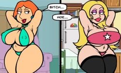 20th_century_studios 2girls american_dad armpits arms_up barely_clothed bedroom_eyes blonde_female blonde_hair crossover detailed_background disney english_text family_guy female francine_smith hoop_earrings large_breasts lipstick lois_griffin mature mature_body mature_female mature_figure mature_woman micro_bikini milf orange_hair purple_eyeshadow redhead redhead_female rock_and_roll_sherpa_(francine_smith) speech_bubble text text_bubble thick_thighs thighhighs tube_top tubetop twitter_link yungcreateart