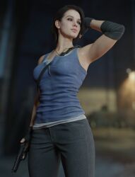 1girls 3d armpits clothed female female_focus female_only from_below from_below_view geone1 hand_on_head jill_valentine low-angle_view resident_evil shaved_armpit solo solo_female tagme