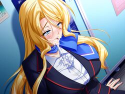 1girls blonde_hair blue_eyes blush breasts chijoku_no_seifuku clothing cum cum_drip cum_in_mouth cum_on_clothes curvy dutch_angle facial female female_only game_cg highres indoors kagami_hirotaka large_breasts long_hair looking_away scarf sitting solo stewardess straight tears uniform upper_body