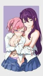 2025 2girls anime_style artist_name bare_shoulders breasts cleavage collarbone collared_shirt color doki_doki_literature_club female female_only human human_only looking_at_viewer natsuki_(doki_doki_literature_club) panties pink_eyes pink_hair pleated_skirt projektxi01 purple_eyes purple_hair school_uniform simple_background skirt smile unbuttoned underwear yuri yuri_(doki_doki_literature_club)