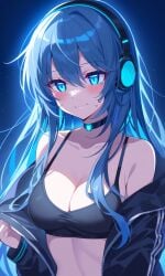 belenia_kontra_(oc) blue_eyes blue_hair embarrassed headgear headphones neon_lights smile