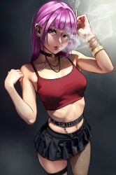 1girls arms_up bare_shoulders belly_button belly_piercing blue_eyes busty choker cigarette ear_piercing eyelashes fishnets looking_at_viewer magenta_hair miniskirt necklace open_mouth purple_hair red_clothing seductive smoke smoking smoking_cigarette solo solo_female spaghetti_strap waist_belt waist_chain wristwear